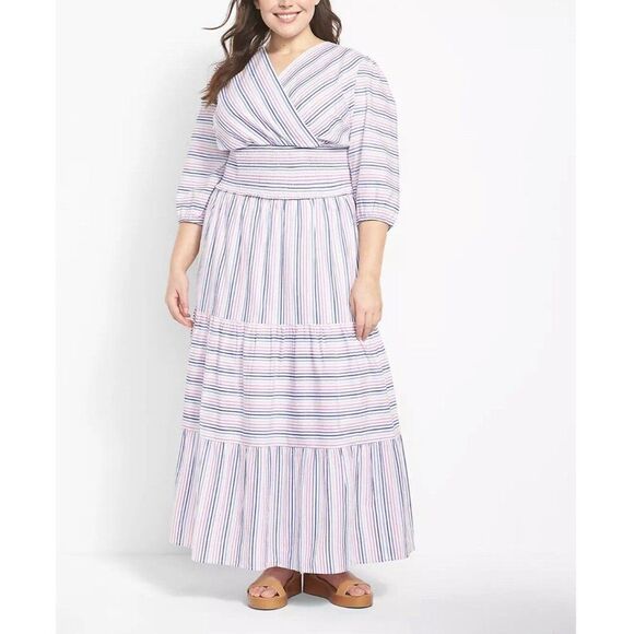 Lane Bryant White Purple Striped Skirt Top Set Plus Sz 16 Cotton Spring Smocked - Picture 1 of 12